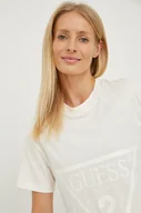 Koszulki sportowe damskie - Guess t-shirt bawełniany kolor beżowy - miniaturka - grafika 1