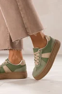 Półbuty damskie - Zielone sneakersy damskie buty sportowe na beżowej platformie beżowe wstawki sznurowane Carla YO464 - miniaturka - grafika 1