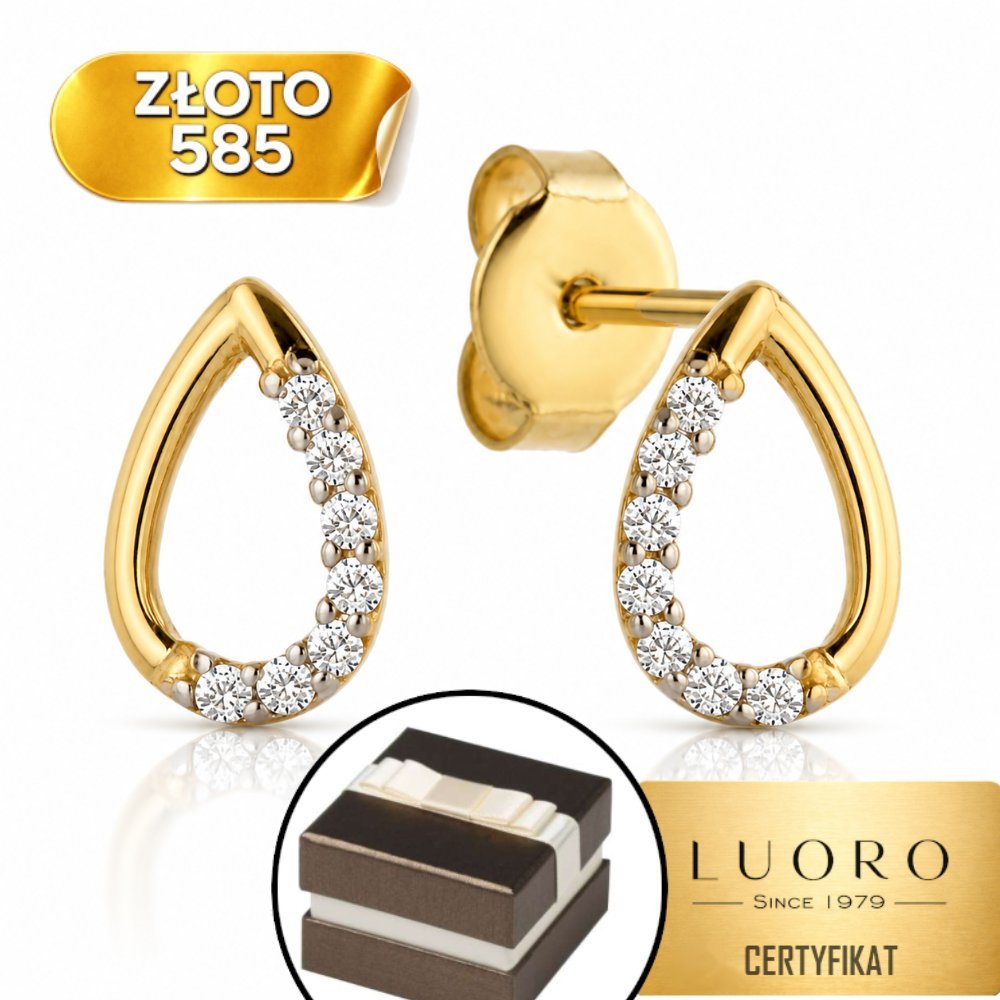 KOLCZYKI ZŁOTE 585 14K KROPLA Z CYRKONIĄ SZTYFT 0,9 CM ELEGANCKIE