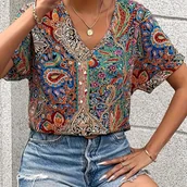 Koszule damskie - TEMU Elegancka bluzka damska z krótkim rękawem i dekoltem w serek - Żywa, wielokolorowa koszula w kwiatowy wzór, regularny krój, idealna na - miniaturka - grafika 1