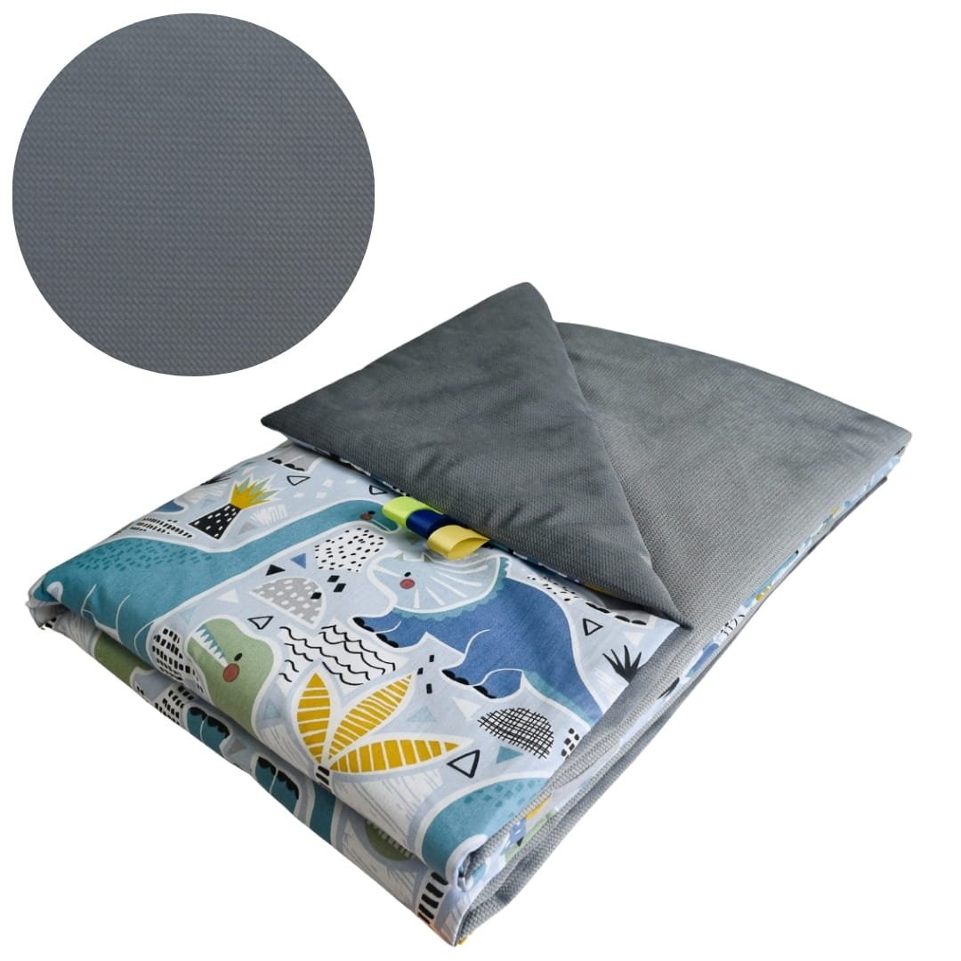 Kocyk Dziecięcy 75x100 Ocieplany Dinozaury Niebieskie/Grafit Bawełna/Velvet Polski Producent