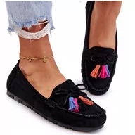 Mokasyny damskie - Mokasyny Klasyczne Stylowe Modne Wsuwane Zamszowe Z Kokardą Damskie Skórzane Z Ozdobą Wygodne Miękkie Lekkie Eleganckie Z Frędzlami Czarne 36 - miniaturka - grafika 1