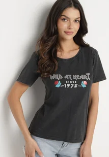 Czarny Bawełniany T-shirt z Metalicznym Nadrukiem Savariae - Koszulki i topy damskie - miniaturka - grafika 1