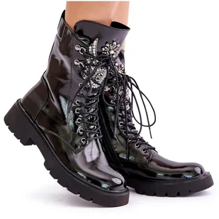 S.Barski Lakierowane Botki Workery Ze Zdobieniem Ocieplane D&A MR880-080 Czarne - Botki damskie - miniaturka - grafika 1