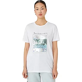 Koszulki i topy damskie - Koton Damska koszulka z okrągłym dekoltem i nadrukiem z cekinami, Off White (001), XXL - grafika 1