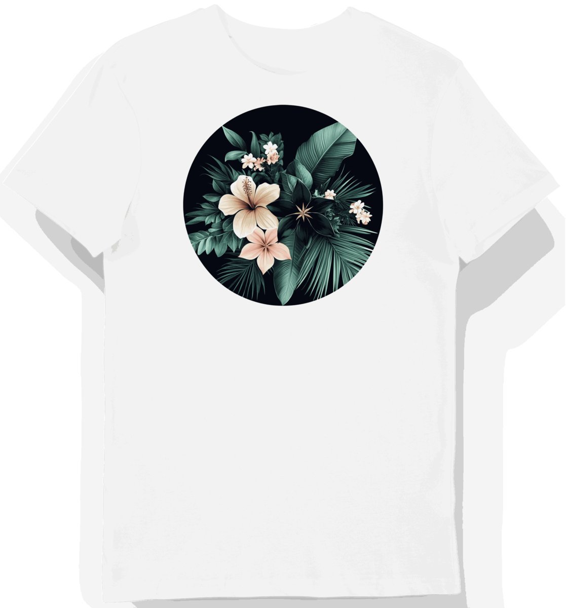 Koszulka męska biała z motywem tropikalnych kwiatów w gwiazdę M
