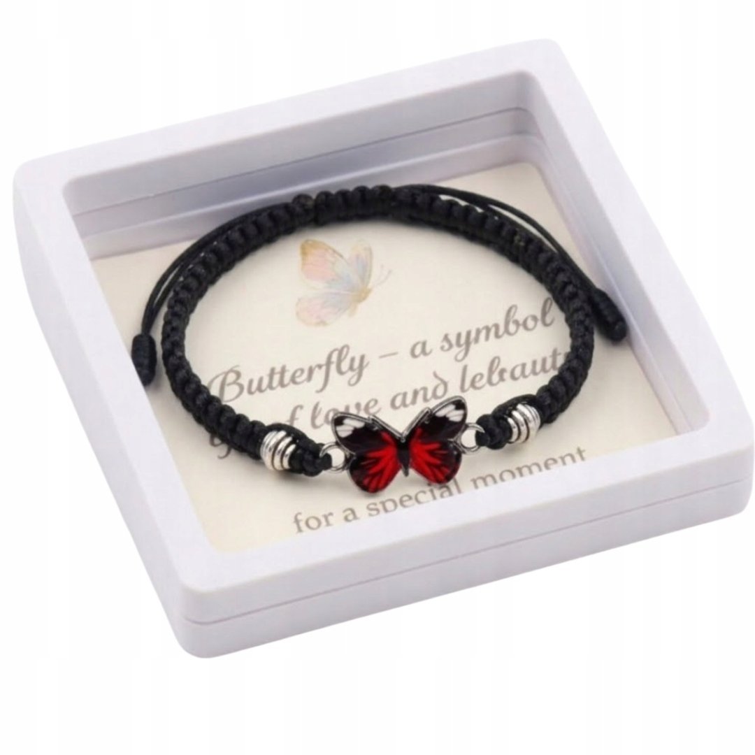 Czarna Bransoletka Sznurkowa Regulowana Motyl na Prezent z Kartką