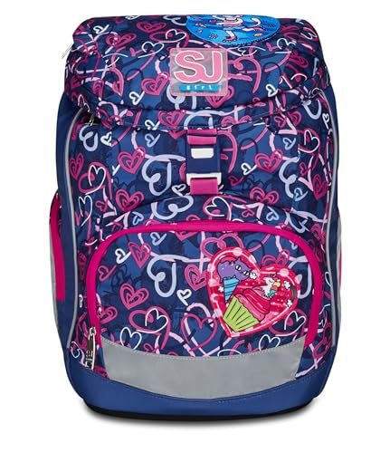 SJ Gang Plecak szkolny Updown Soft, fioletowy, Doodle Heart, jednokomorowy z regulowanym paskiem w talii, boczna kieszeń na zamek błyskawiczny, kieszeń z siatki na butelkę, szkoły podstawowe,