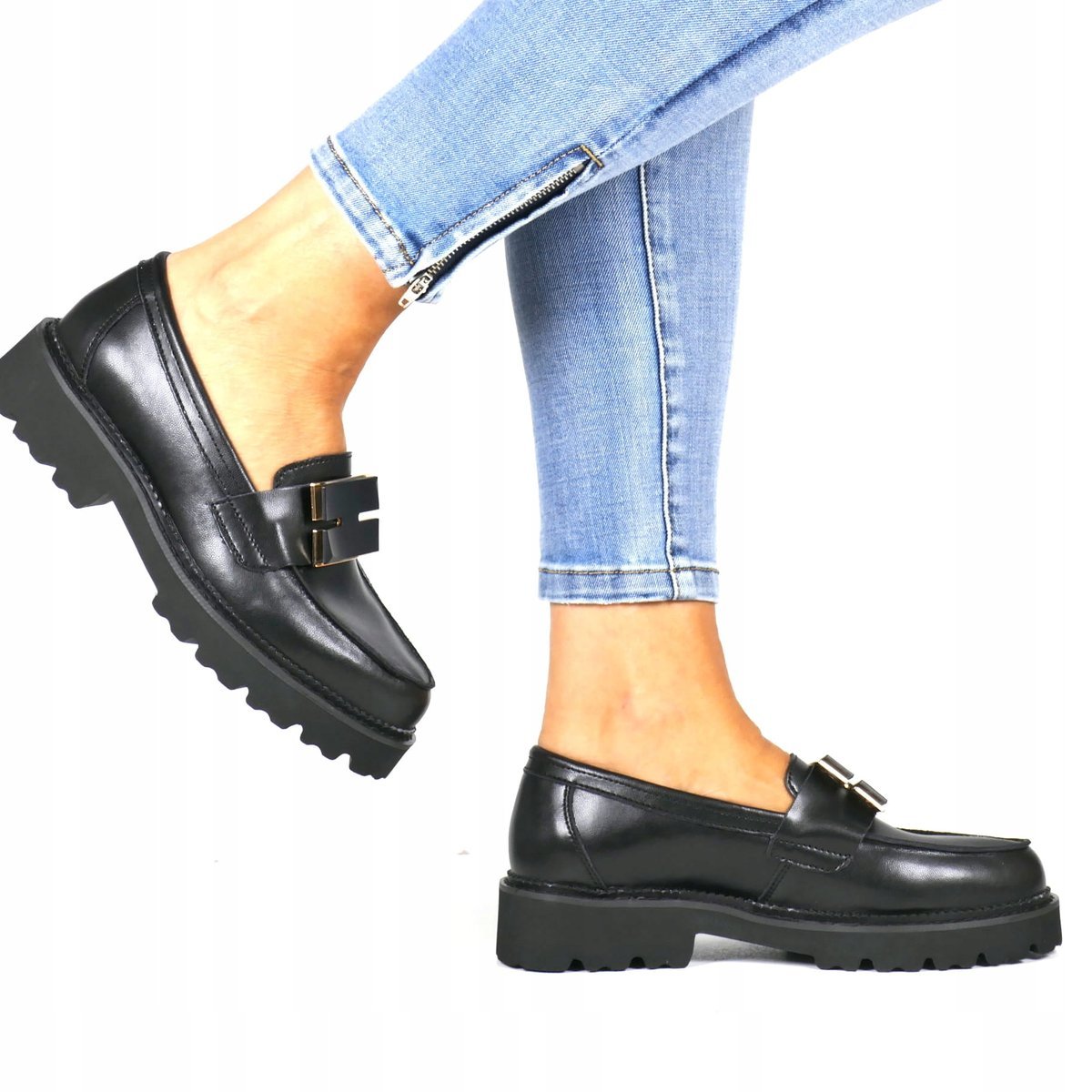 DAMSKIE MOKASYNY PÓŁBUTY SKÓRZANE BUTY WSUWANE Z OZDOBA CZARNE LICOWE MODNE