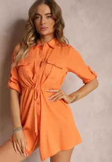 Koszule damskie - Pomarańczowa Dłuższa Koszula Ściągana w Pasie z Wiskozy i Kieszeniami Genessa - grafika 1