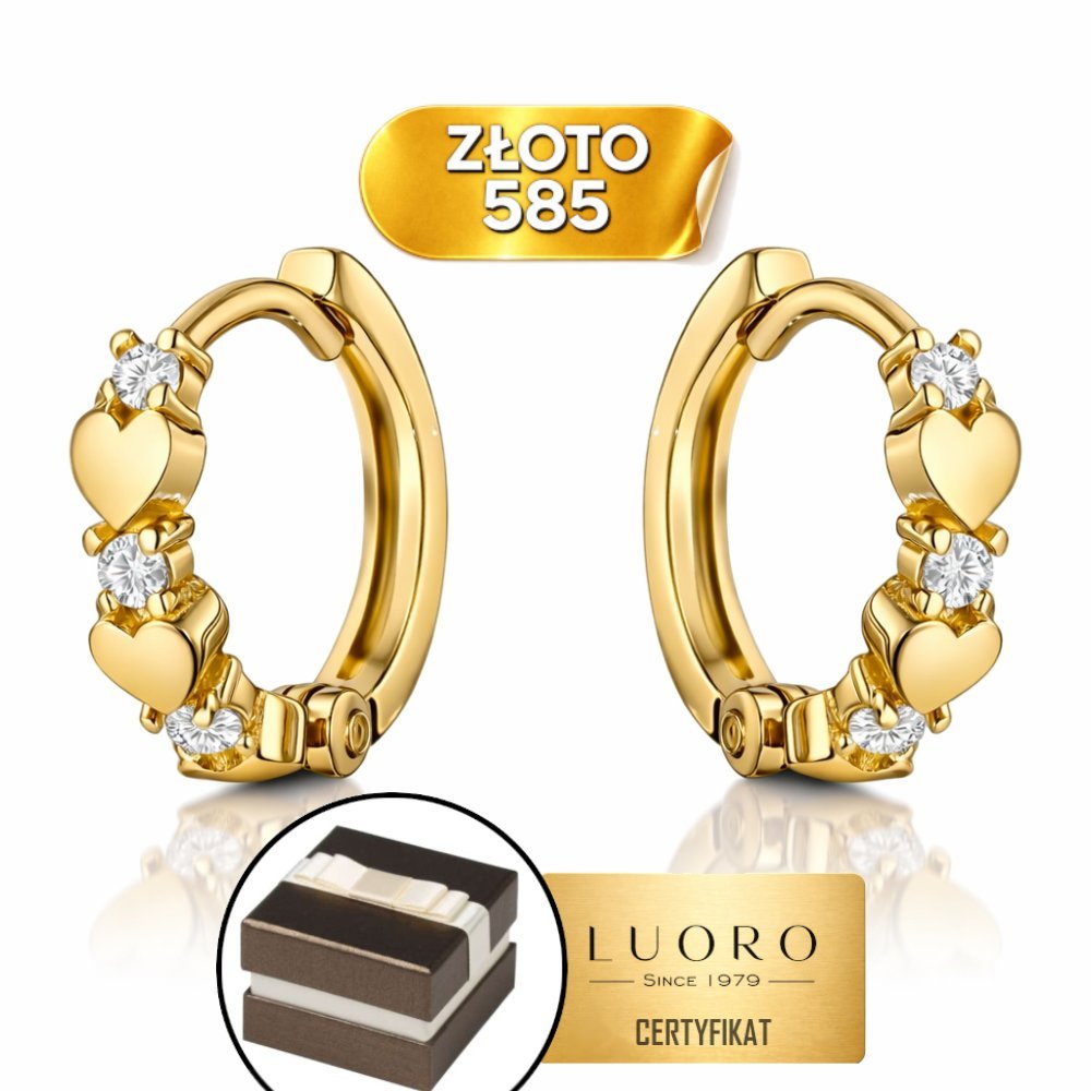 KOLCZYKI ZŁOTE 585 14K SERCA NA KREOLU 11 MM Z CYRKONIAMI ELEGANCKIE