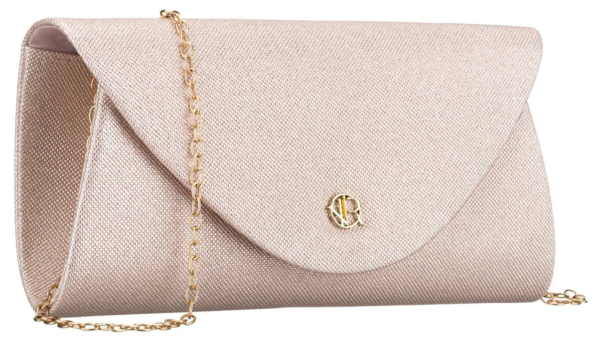 Wizytowa torebka damska ROVICKY mała wieczorowa kopertówka elegancka wesele sylwester złoty łańcuszek champagne