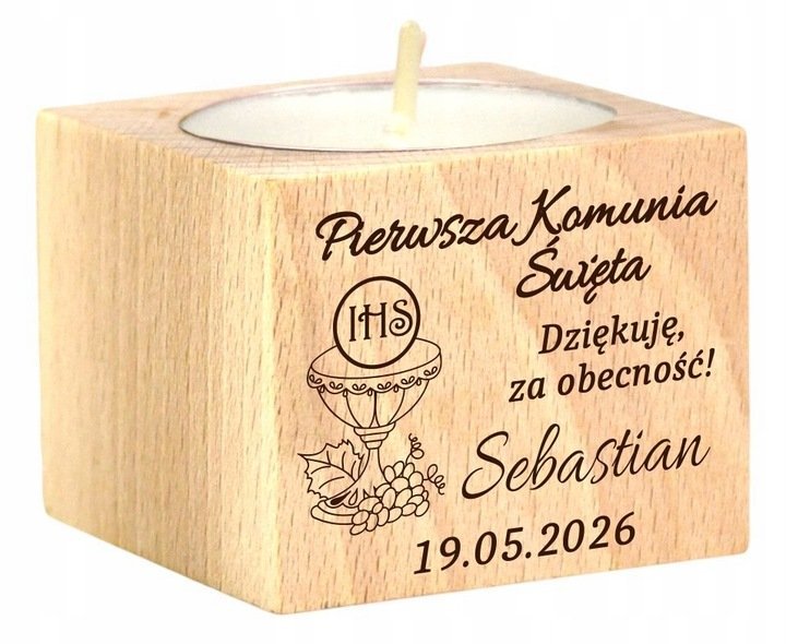 Podziękowanie dla Gości Komunia Chrzest piękny świecznik 1 szt grawer IMIĘ