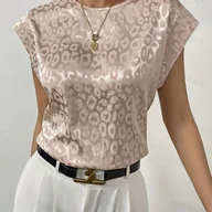 Koszule damskie - TEMU Elegancka Bluzka Damska w Lamparcie Wzory z Krótkim Rękawem - Beżowa i Brązowa Koszulka o Okrągłym Dekolcie, Nieelastyczny Top do Łokcia na Co - miniaturka - grafika 1