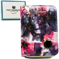 Portfele - Kolorowy portfel damski na zatrzask i suwak mały modny kwiatowy wzór PETERSON skóra naturalna i ekologiczna ochrona kart RFID STOP pudełko na prezent - miniaturka - grafika 1