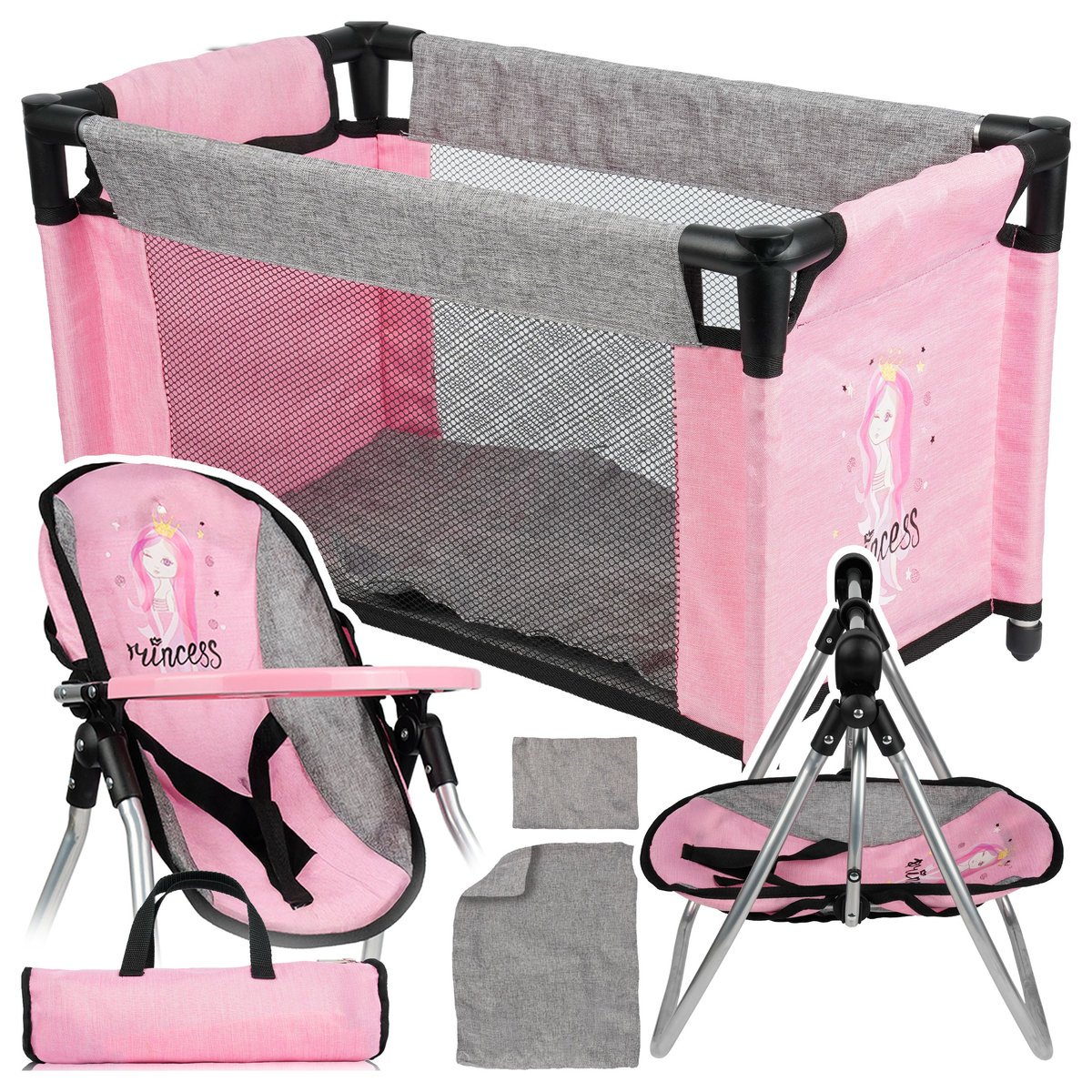 Zestaw dla Lalek 2w1 Łóżeczko Krzesełko do Karmienia Huśtawka Pościel Torba