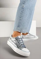 Trampki damskie - Niebieskie Trampki pod Kostkę Ozdobione Napisem i Brokatem Terlevia - miniaturka - grafika 1