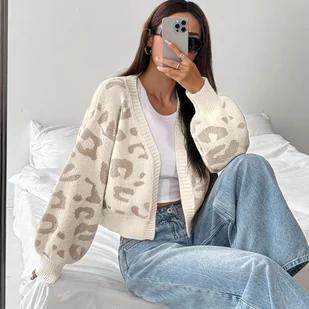 TEMU 1 szt. Elegancki damski kardigan w panterkę - miękki sweter o luźnym kroju w linii H z dekoltem w serek i długim rękawem, z obniżonymi ramionami - Swetry damskie - miniaturka - grafika 1