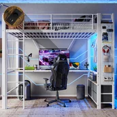 Łóżka dla dzieci i młodzieży - Łóżko piętrowe 90 x 200 cm, żelazna konstrukcja, z biurkiem, drążkiem na ubrania, półkami, szufladami, gniazdkami USB + Type-C, paskiem LED, białe - miniaturka - grafika 1