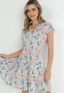 Sukienki - Miętowa Sukienka Taliowana z Wiskozy w Kwiaty Adomisia - miniaturka - grafika 1