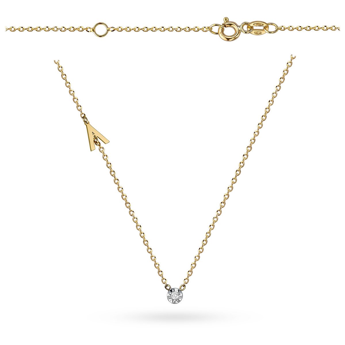 Naszyjnik z literką A i brylantem 0.02ct 38cm złoto pr. 585