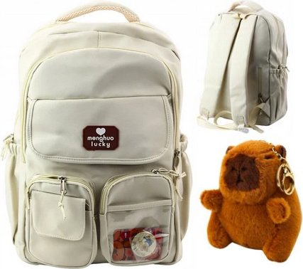Plecak Szkolny Miejski Kapibar Przypinka Brelok Kremowy 25L 42Cm