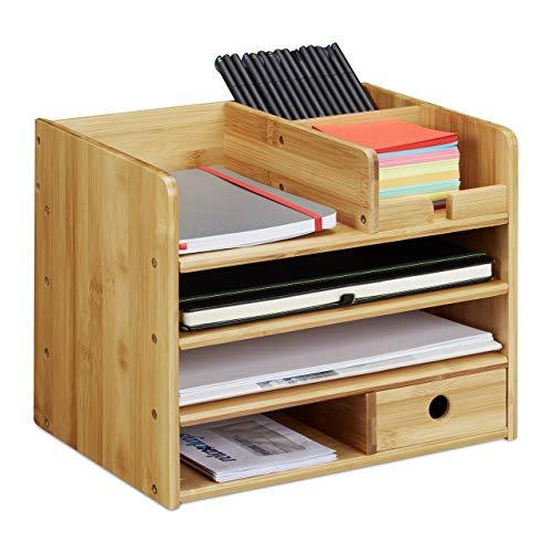 Relaxdays Organizer na biurko, taca na listy A4, utrzymuj notatki i długopisy schludne i uporządkowane, szuflada, do przechowywania w biurze, bambusowy, 100%, naturalny, grundartikel