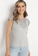Koszulki i topy damskie - Szary Bawełniany T-shirt z Prążkowanej Dzianiny Ozdobiony Koronką Liasilo - miniaturka - grafika 1