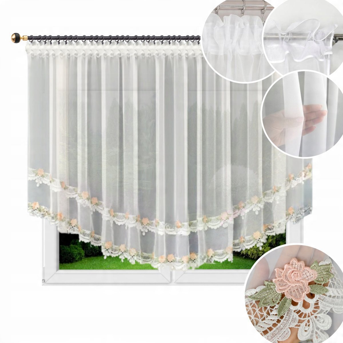 Firana gotowa woalowa z gipiurą z motywem KWIATOWYM 400x160