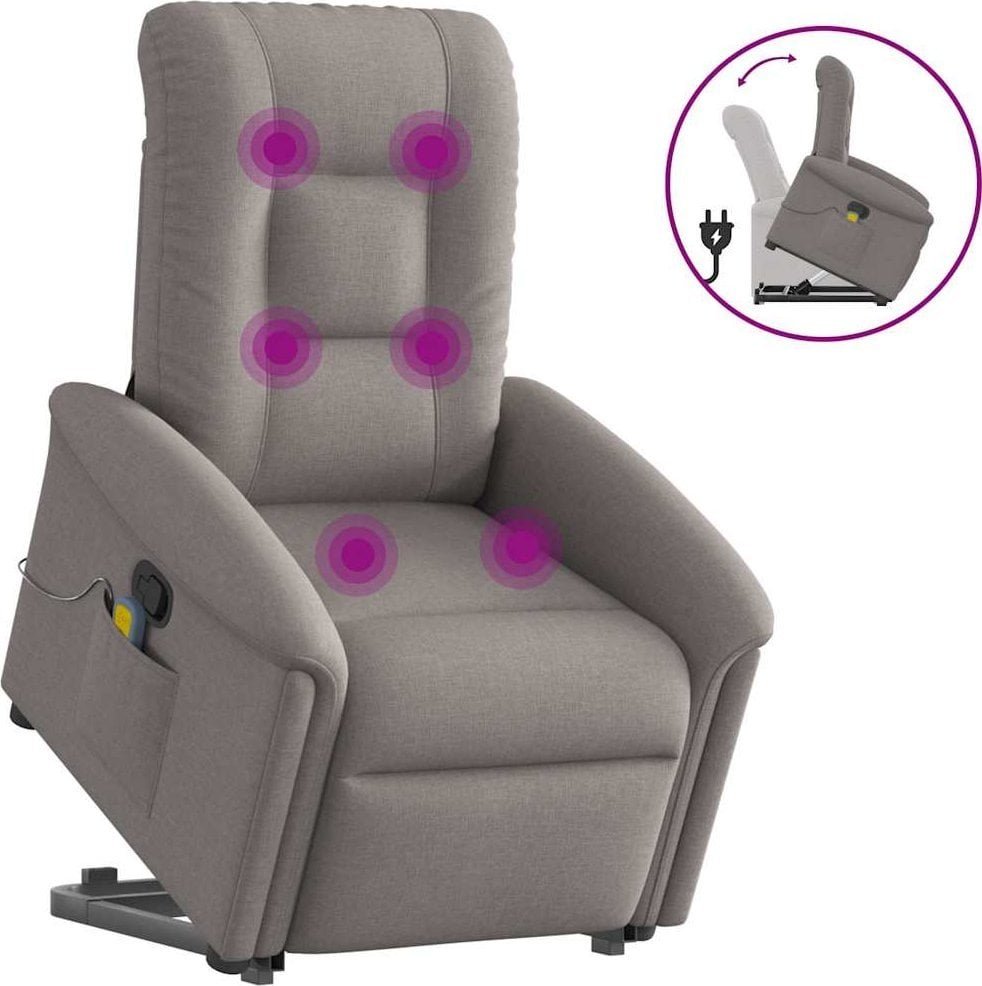 Podnoszony fotel masujący, rozkładany, kolor taupe, tkanina