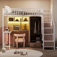 Łóżka dla dzieci i młodzieży - Metalowe łóżko piętrowe 140x200 cm - z szafą + 1 szufladą - z drabinką bezpieczeństwa - z gniazdkiem elektrycznym - z oświetleniem LED - białe - miniaturka - grafika 1