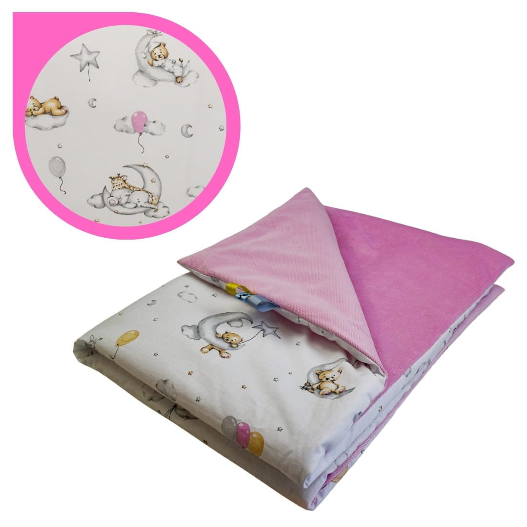 Kocyk Dziecięcy 75x100 Letni Miśki Na Księżycu/Róż Bawełna/Velvet Polski Producent