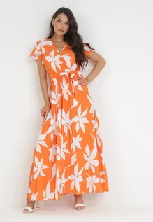 Sukienki - Pomarańczowa Plisowana Sukienka Maxi z Gumką w Pasie z Wiskozy w Kwiaty Rossemari - grafika 1