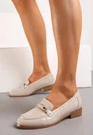 Mokasyny damskie - Beżowe Lakierowane Mokasyny Loafersy z Minimalistyczną Klamrą i Skórzaną Wkładką Sathoma - miniaturka - grafika 1
