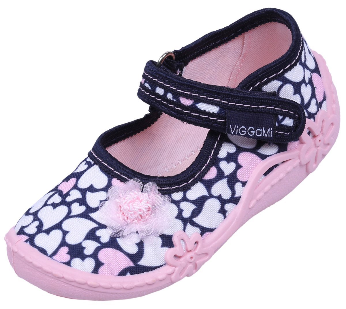 Granatowo-różowe buciki, kapcie w serduszka, na rzep ADA DRUK