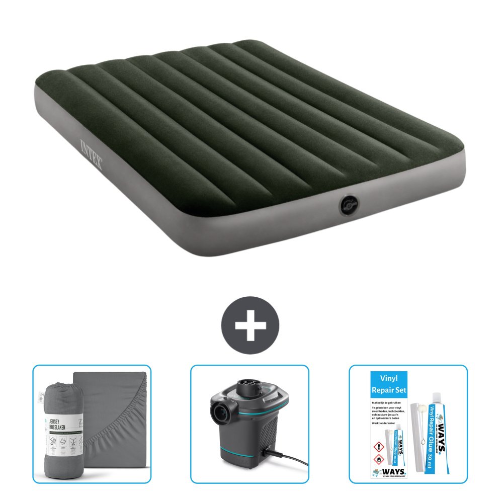 Łóżko powietrzne Intex - Łóżko podwójne - 137 x 191 x 25 cm - Zielony - Zawiera prześcieradło - Pompka i zestaw naprawczy