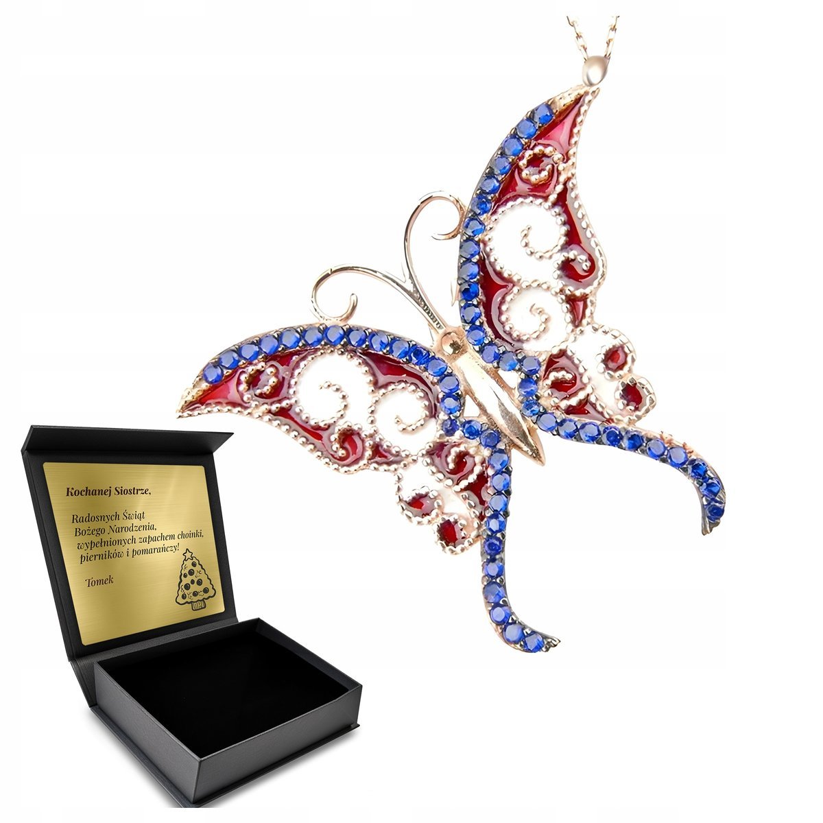 Łańcuszek Naszyjnik Złoto Srebro Cyrkonie Oryginalny Motyl Grawer