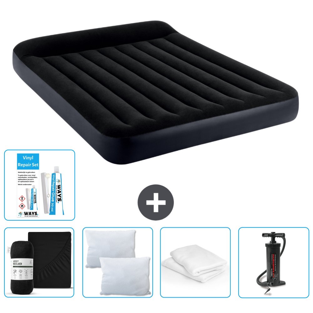 Łóżko powietrzne Intex - 2 osoby - 152 x 203 x 25 cm - Ciemnoniebieski - W zestawie prześcieradło - Pocałunek - Pompka - Zestaw naprawczy en Ochraniacz na poduszkę