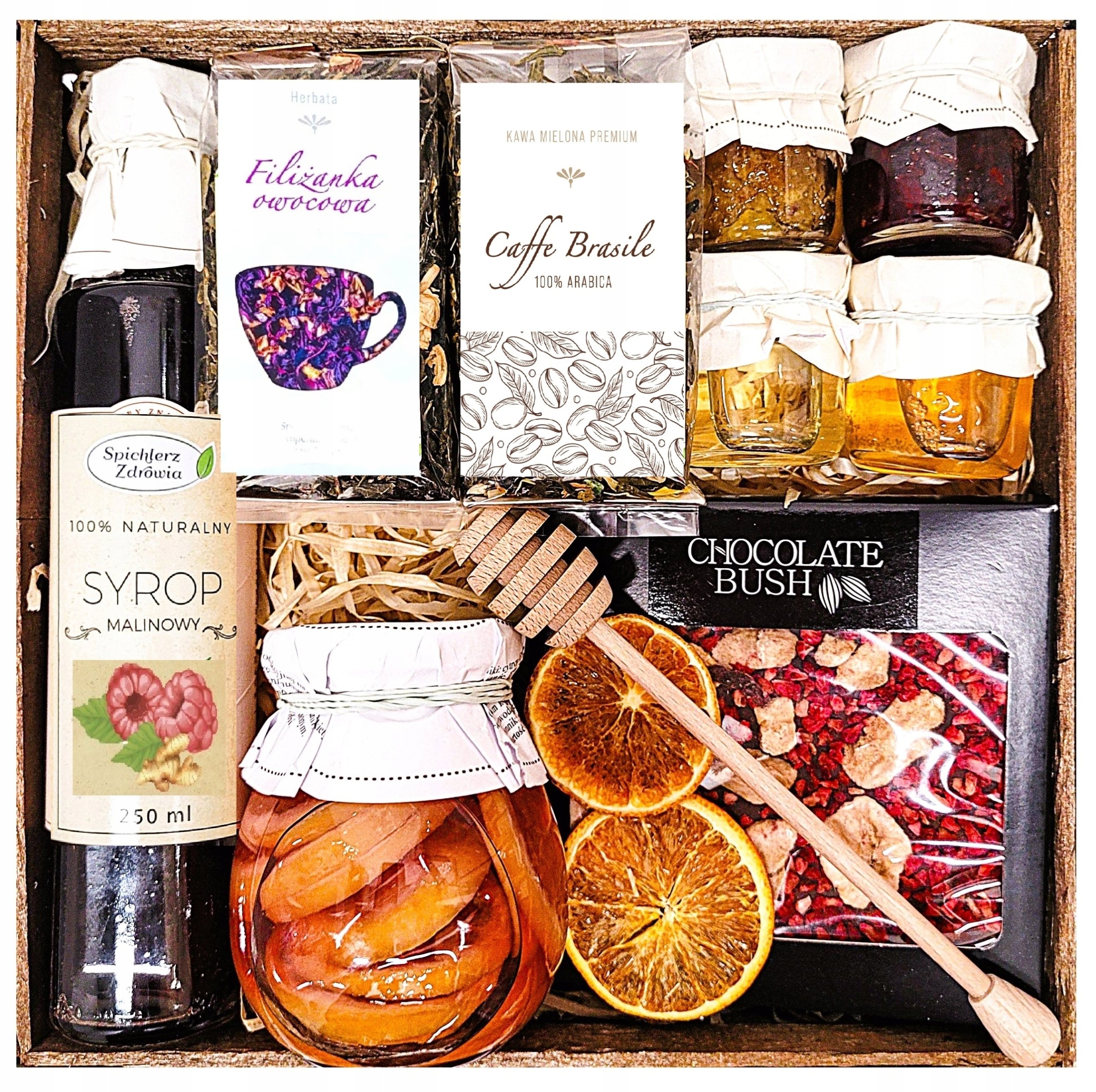 Kosz Prezentowy Upominek Herbata Miód Syrop Malinowy Czekolada