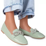 Mokasyny damskie - Buty Mokasyny Damskie Skórzane Avelana Zielone 39 - miniaturka - grafika 1