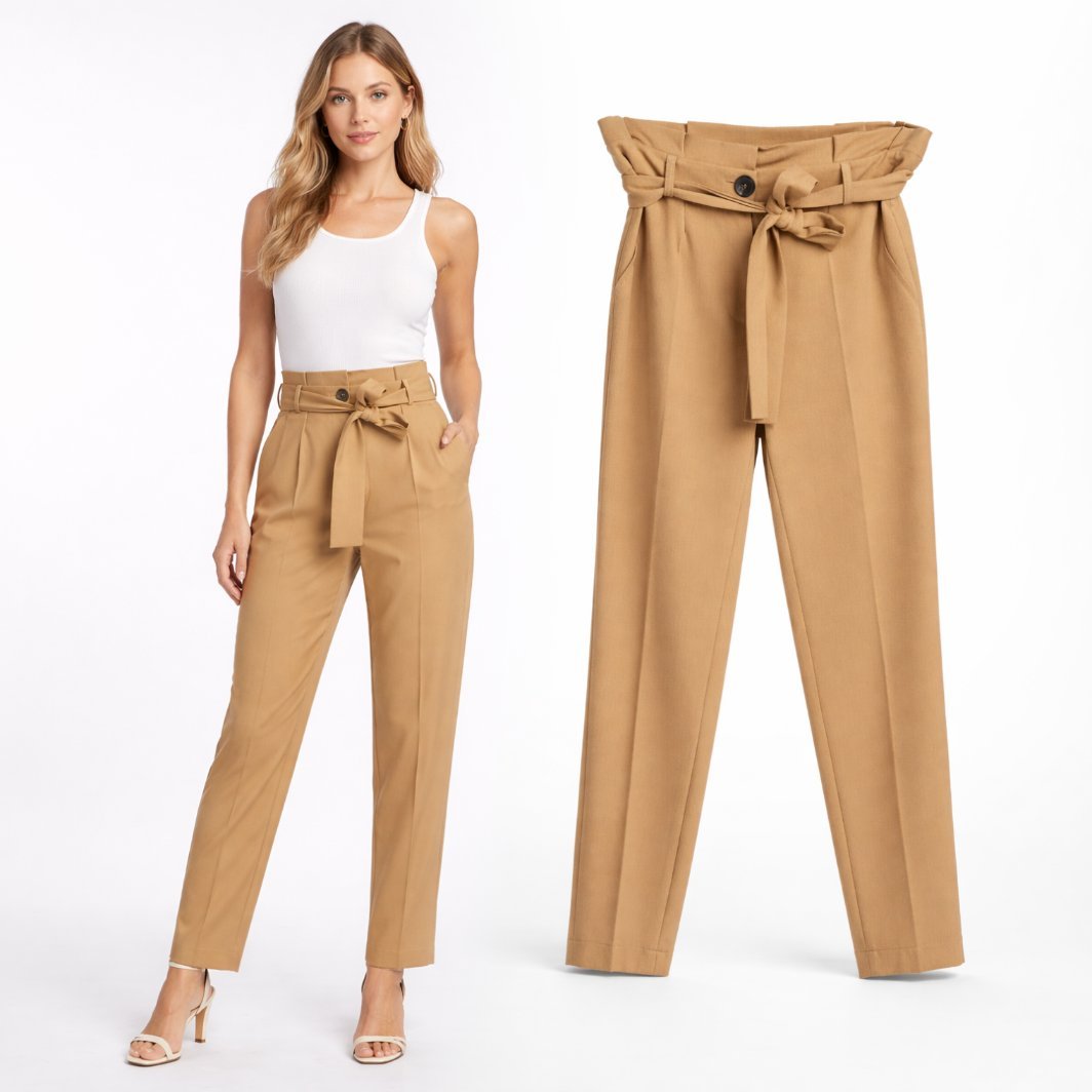 Spodnie Damskie Z Wysokim Stanem Proste Wizytowe Materiałowe Camel EDAN 36