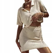 Komplety bielizny - Letni Komplet Dzianinowy Boho Dwuczęściwy Zestaw Spódnica Koszula Beż - miniaturka - grafika 1