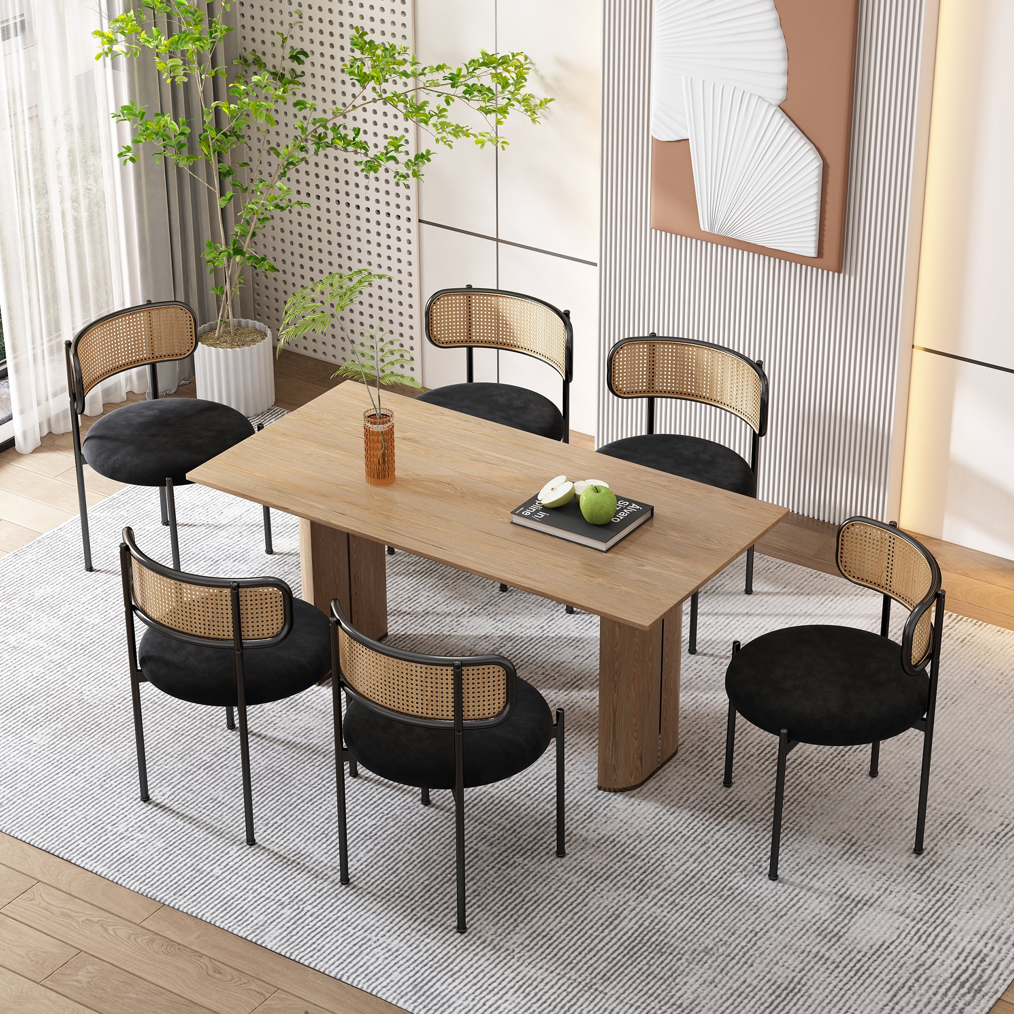 Flieks rattanowe krzesło do jadalni krzesła do jadalni zestaw 6 z metalowymi nogami, krzesła do salonu tapicerowane krzesła z aksamitnym pokrowcem, krzesło do jadalni krzesło kuchenne, czarne