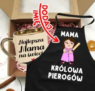 Kubki - Zestaw prezentowy dla Mamy z okazji Dnia Mamy - kubek Najlepsza Mama na świecie oraz fartuch z imieniem - MAMA KRÓLOWA PIEROGÓW - POSTAĆ BRĄZOWE WŁOSY - miniaturka - grafika 1