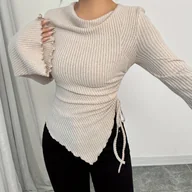 Bluzki damskie - TEMU Damski casualowy top z wysokim dekoltem i asymetrycznym brzegiem, z marszczeniem i sznurkiem - Beżowy, z długim rękawem, modny na jesień/zimę, - miniaturka - grafika 1