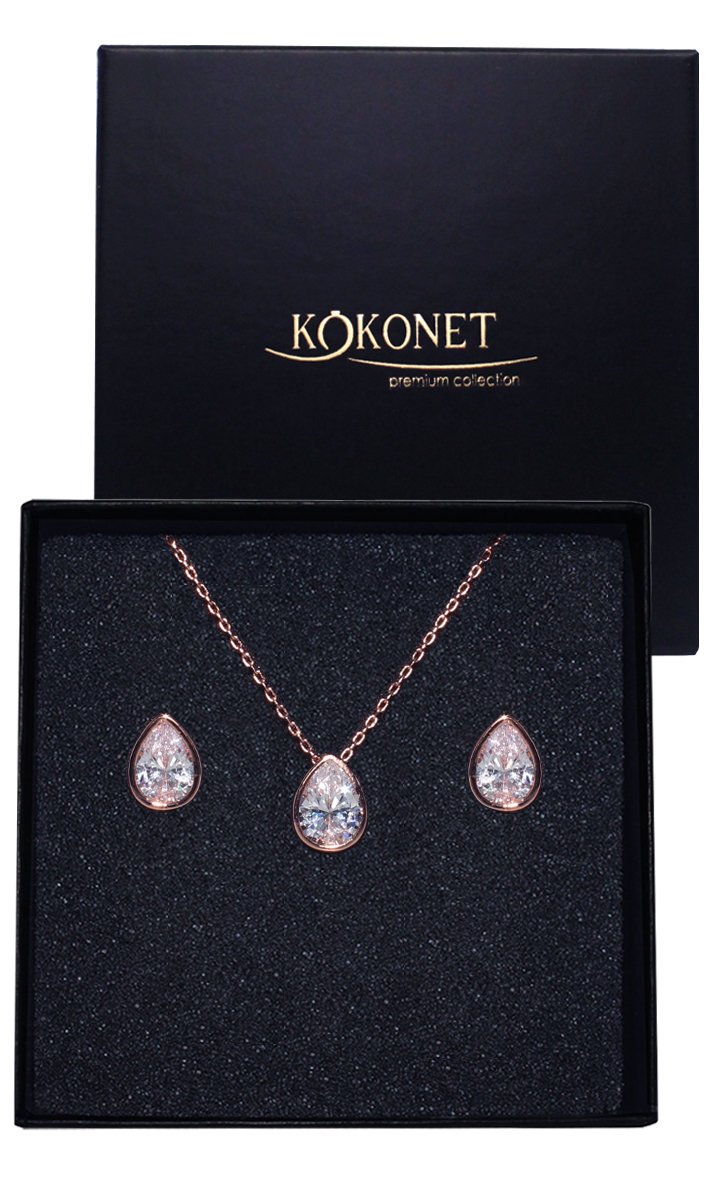 Komplet biżuterii różowe złoto cyrkonie ŁEZKI na ślub wesele galę okazję