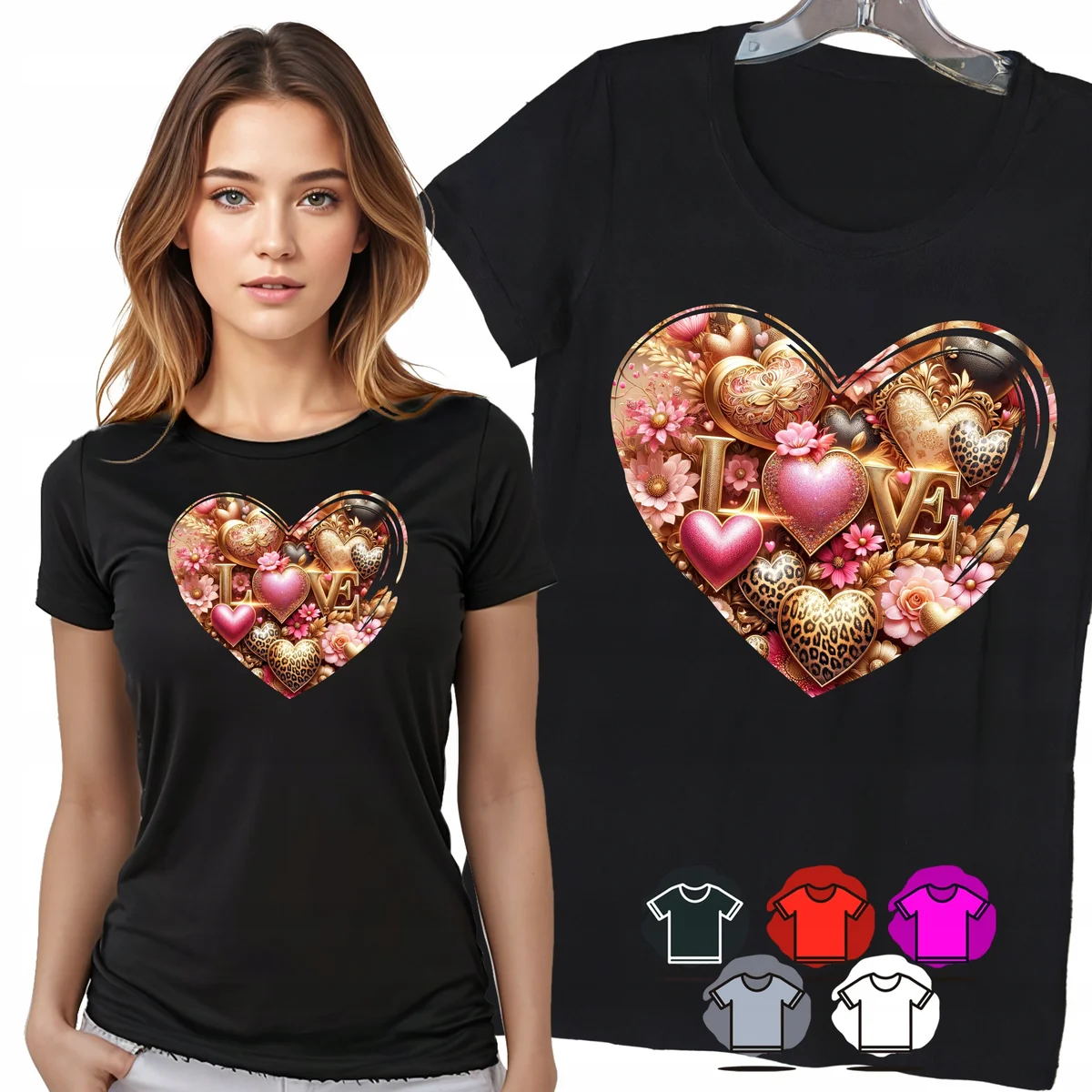 KOSZULKA DAMSKA T-SHIRT - SERCE LOVE ZŁOTE OZDOBY ELEGANCKI PREZENT - XS