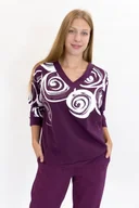 Bluzy damskie - Fioletowo-Biała Bluza Damska we Wzory z Dekoltem w Serek S/M - miniaturka - grafika 1