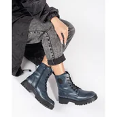 Botki damskie - Granatowe sznurowane skórzane botki damskie na platformie Sergio Leone niebieskie - miniaturka - grafika 1