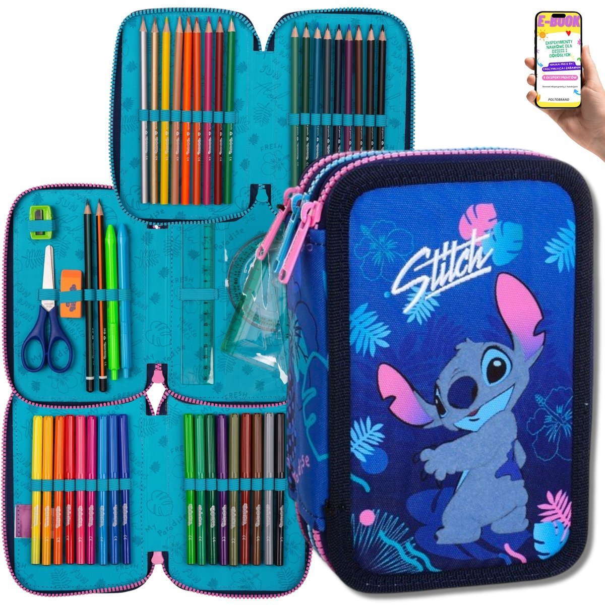 PIÓRNIK SZKOLNY LILO I STITCH 3 KOMORY + WYPOSAŻENIE – DLA DZIEWCZYNKI UCZENNICY + EBOOK